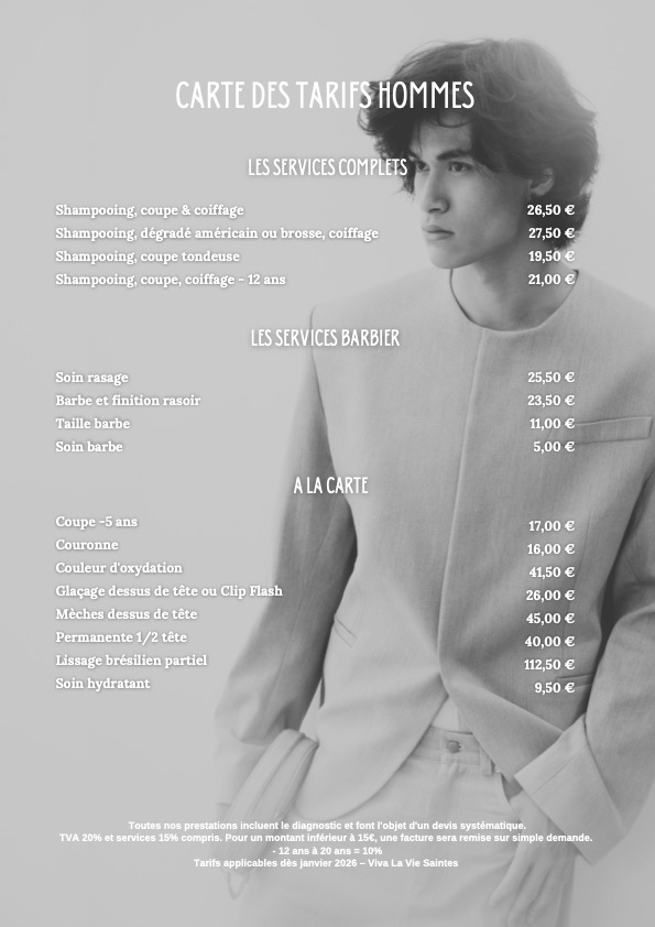 carte des tarifs hommes vv 2026